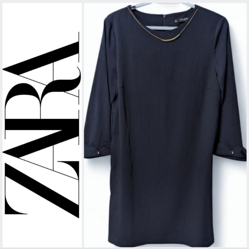 Zara 3/4 sleeve A-line dress with jewelry accents, Navy / Gold